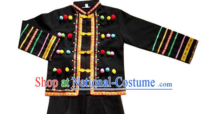 Chinese Lahu Nationality Black Uniforms Quality Ethnic Shirt and Pants for Men