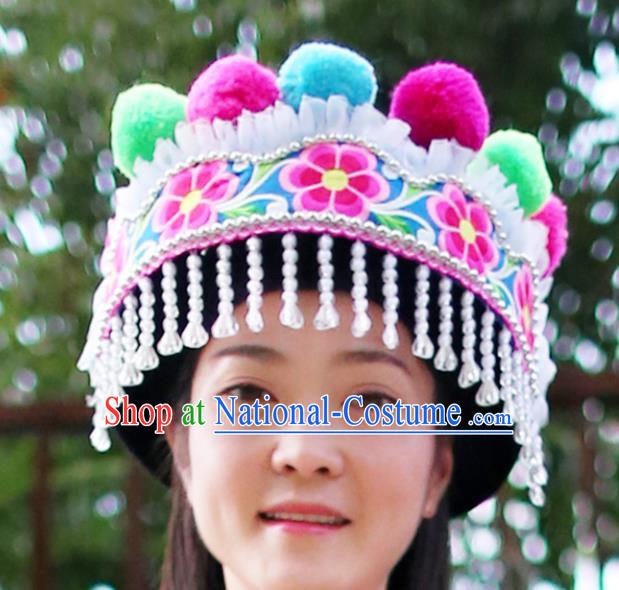 Top Quality China Yi Ethnic Women Headwear Chinese Yunnan Chuxiong Nationality Embroidered Beads Tassel Hat