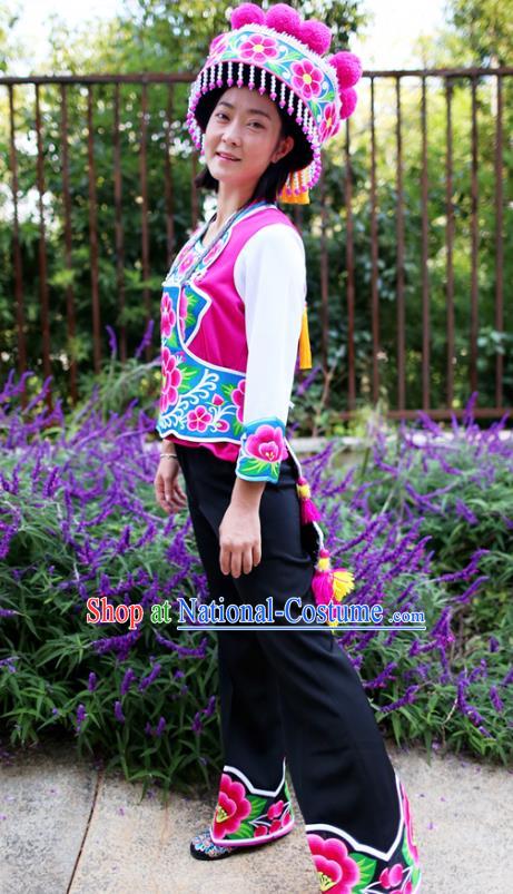 Traditional China Chuxiong Yi Ethnic Women Uniforms Nationality Embroidered Rosy Vest Blouse and Pants with Round Hat