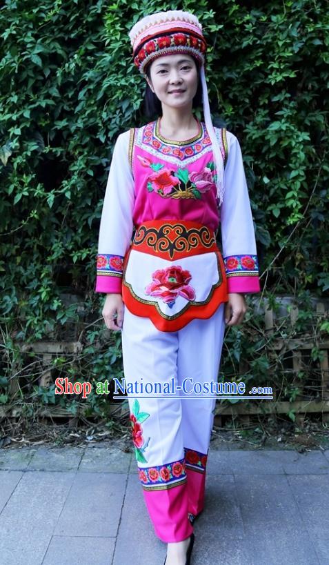 Traditional China Yunnan Bai Ethnic Women Uniforms Nationality Embroidered Vest Blouse and Pants with Headdress