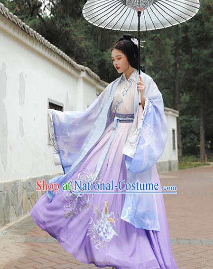 Traditional China Han Dynasty Princess Lilac Cape Blouse and Skirt Ancient Beauty Diao Chan Embroidered Hanfu Dresses