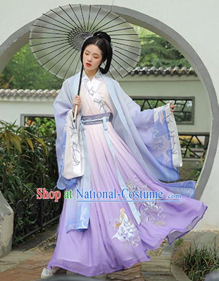 Traditional China Han Dynasty Princess Lilac Cape Blouse and Skirt Ancient Beauty Diao Chan Embroidered Hanfu Dresses