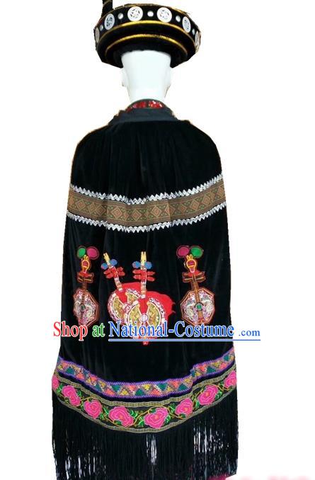 Chinese Yi Nationality Black Cloak Quality Ethnic Folk Dance Embroidered Cape for Men