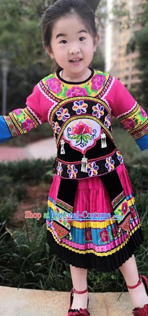 Chinese Miao Nationality Girls Costumes Quality Ethnic Folk Dance Embroidered Blouse and Skirt for Kids