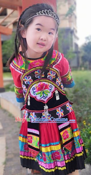 Chinese Miao Nationality Girls Costumes Quality Ethnic Folk Dance Embroidered Blouse and Skirt for Kids