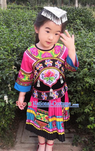 Chinese Miao Nationality Girls Costumes Quality Ethnic Folk Dance Embroidered Blouse and Skirt for Kids