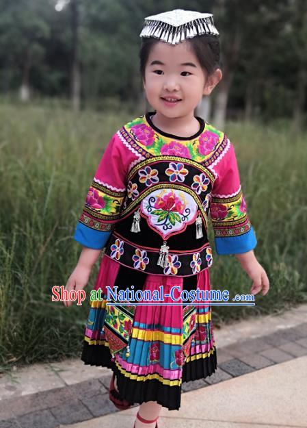 Chinese Miao Nationality Girls Costumes Quality Ethnic Folk Dance Embroidered Blouse and Skirt for Kids