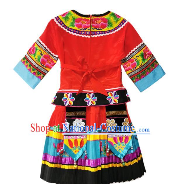 Chinese Miao Nationality Girls Costumes Quality Ethnic Folk Dance Embroidered Blouse and Skirt for Kids