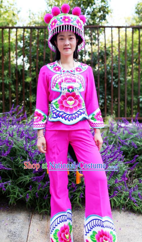 China Chuxiong Yi Nationality Female Costumes Chinese Yunnan Yi Ethnic Embroidered Rosy Blouse and Pants with Headwear