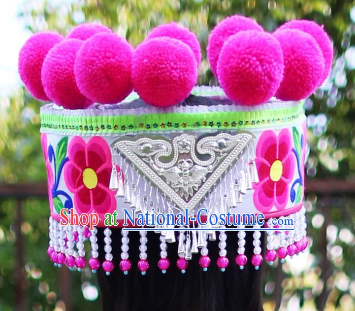 Chinese Ethnic Women Beads Tassel Headwear Traditional Yunnan Yi Nationality Embroidered Silver Hat