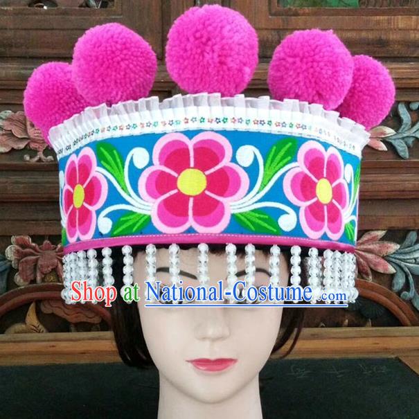 Chinese Traditional Yunnan Yi Nationality Embroidered Hat Ethnic Women White Beads Tassel Headwear