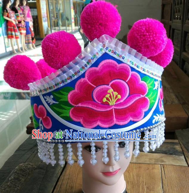 Chinese Traditional Embroidered Peony Royalblue Hat Ethnic Women White Beads Tassel Headwear Yunnan Yi Nationality Headpiece