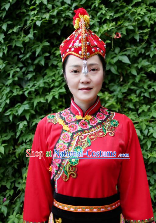 China Yi Nationality Drum Dance Embroidered Costumes Chinese Yi Ethnic Women Red Blouse and Pants with Cockscomb Hat