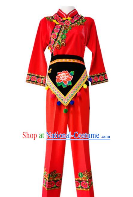 China Yi Nationality Drum Dance Embroidered Costumes Chinese Yi Ethnic Women Red Blouse and Pants with Cockscomb Hat