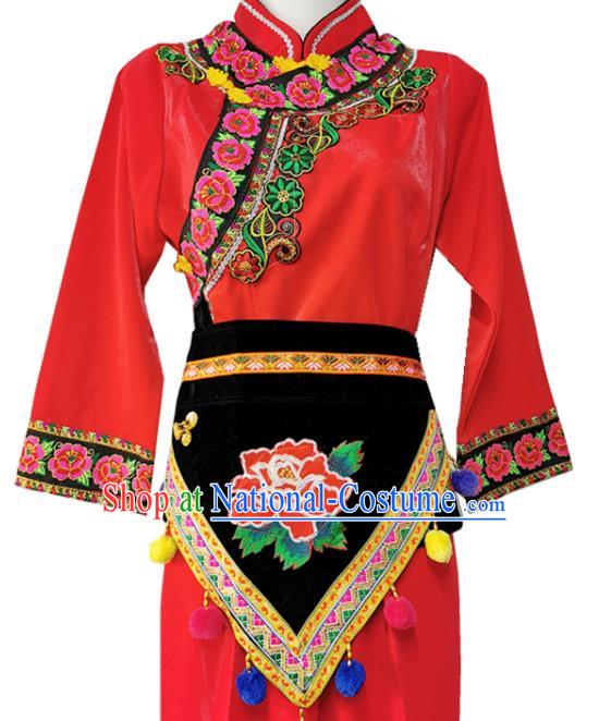 China Yi Nationality Drum Dance Embroidered Costumes Chinese Yi Ethnic Women Red Blouse and Pants with Cockscomb Hat