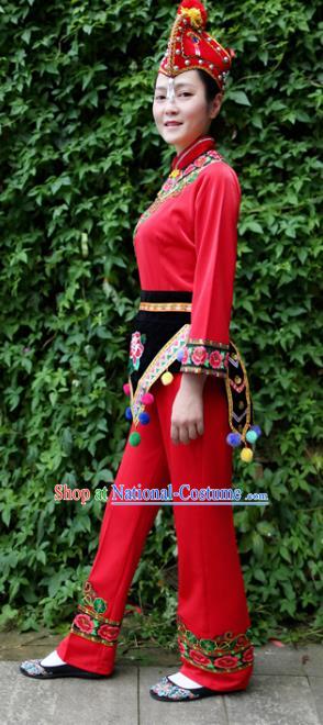 China Yi Nationality Drum Dance Embroidered Costumes Chinese Yi Ethnic Women Red Blouse and Pants with Cockscomb Hat