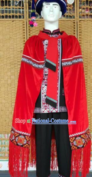 Chinese Ethnic Men Costumes Quality Torch Festival Cloak Yi Nationality Embroidered Eagle Red Cape