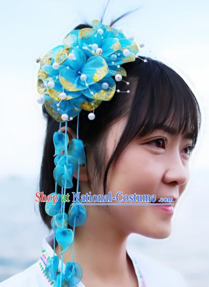 Chinese Dai Nationality Bride Headpiece Traditional Blue Silk Flowers Hair Stick Yunnan Ethnic Women Tassel Headwear