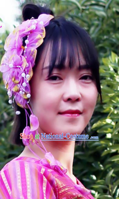 Chinese Traditional Yunnan Ethnic Women Tassel Headpiece Dai Nationality Bride Purple Silk Flowers Hair Stick