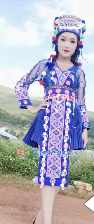 China Ethnic Photography Clothing Miao Nationality Embroidered Outfits Women Royalblue Blouse and Skirt with Hat