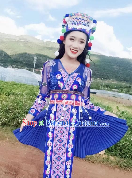 China Ethnic Photography Clothing Miao Nationality Embroidered Outfits Women Royalblue Blouse and Skirt with Hat