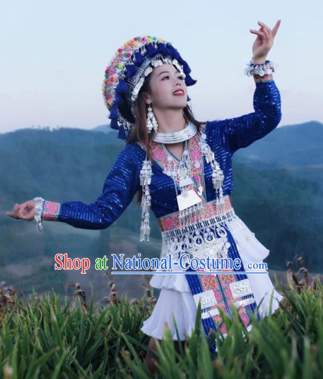 China Ethnic Women Royalblue Short Dress and Headpiece Mengzi Miao Nationality Clothing Photography Embroidered Outfits