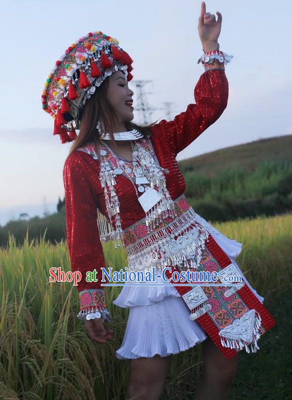 China Photography Embroidered Outfits Mengzi Miao Nationality Clothing Ethnic Women Red Sequins Short Dress and Headwear