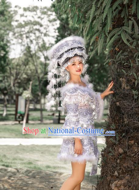 Top Quality China Miao Minority Clothing Photography Yunnan Ethnic White Short Dress With Headwear