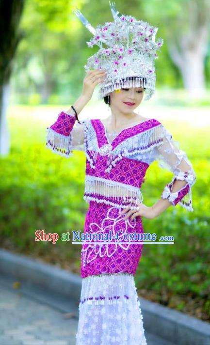 Top Quality Miao Ethnic Women Dress China Miao Nationality Clothes Embroidered Top and Skirt and Silver Hat