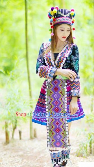 Top Quality Yunnan Mengzi Clothing China Miao Ethnic Women Short Dress Embroidered Blouse and Skirt and Hat