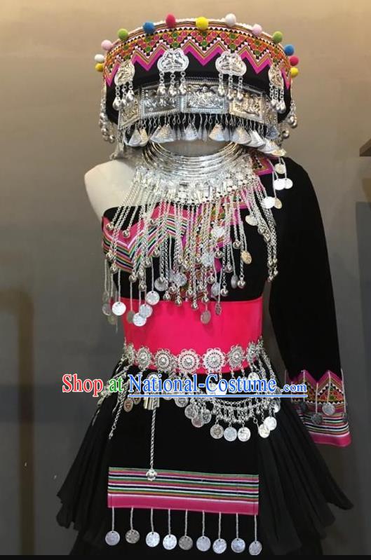 China Wenshan Miao People Clothing Female Photography Embroidered Outfits Miao Ethnic Minority Black Dress and Headpiece