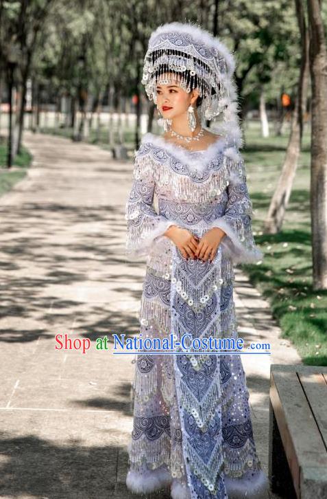 Top Quality China Yunnan Miao Female Clothing Photography Ethnic Minority White Long Dress and Headwear