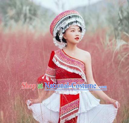 China Guizhou Miao Ethnic Female Costumes Minority Nationality Photography Clothing Miao People Red Blouse and Short Skirt with Tassel Round Hat