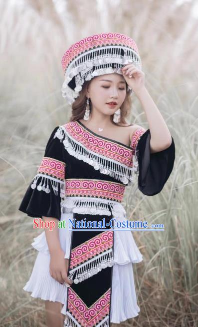 China Miao People Black One Shoulder Blouse and Short Skirt with Hat Guizhou Miao Ethnic Female Costumes Minority Nationality Photography Clothing