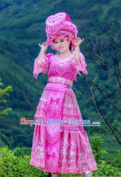 China Guangxi Yao Minority Bride Rosy Blouse and Long Skirt with Hat Miao Ethnic Nationality Female Photography Costumes Wedding Clothing