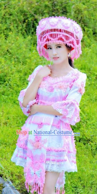 China Ethnic Bride Light Blue Blouse and Short Skirt with Hat Miao Ethnic Nationality Wedding Costumes