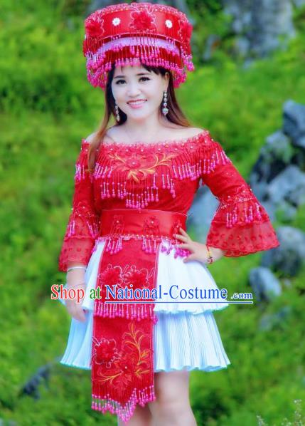 China Ethnic Folk Dance Red Blouse and Short Skirt Miao Ethnic Nationality Bride Costumes with Red Hat