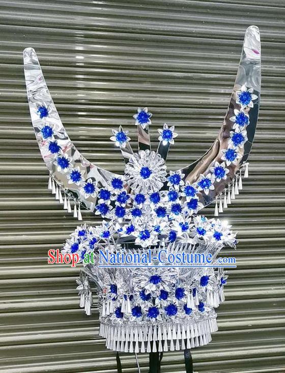 Chinese Ethnic Wedding Royalblue Flowers Hat Traditional Minority Women Folk Dance Hair Accessories Guizhou Miao Nationality Headdress