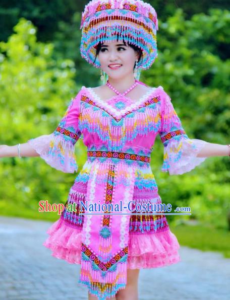 China Miao Ethnic Clothing Rosy Blouse and Short Skirt Miao Nationality Folk Dance Fashion Costumes with Hat