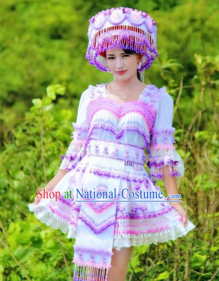 China Miao Ethnic Folk Dance Clothing with Hat Miao Nationality Women Fashion Costumes Lilac Beads Tassel Blouse and Short Skirt