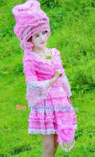 Top Quality China Ethnic Rosy Blouse and Short Skirt Miao Nationality Folk Dance Clothing Fashion with Headdress