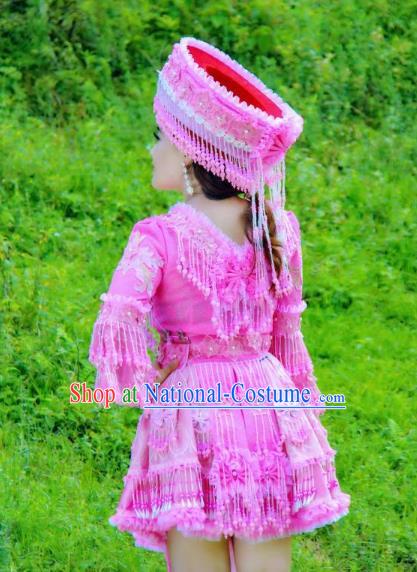 China Yunshan Miao People Fashion with Headdress Top Quality Miao Nationality Female Clothing Ethnic Rosy Blouse and Short Skirt Minority Dance Outfits