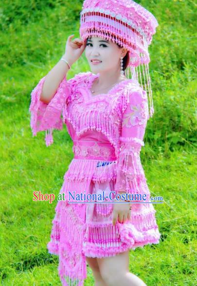 China Yunshan Miao People Fashion with Headdress Top Quality Miao Nationality Female Clothing Ethnic Rosy Blouse and Short Skirt Minority Dance Outfits