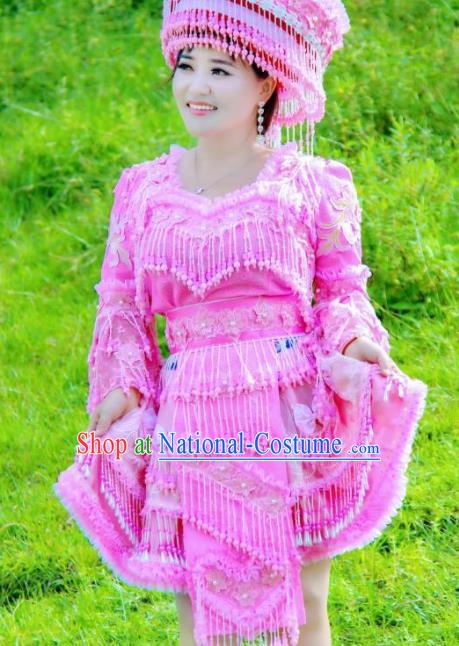 China Yunshan Miao People Fashion with Headdress Top Quality Miao Nationality Female Clothing Ethnic Rosy Blouse and Short Skirt Minority Dance Outfits