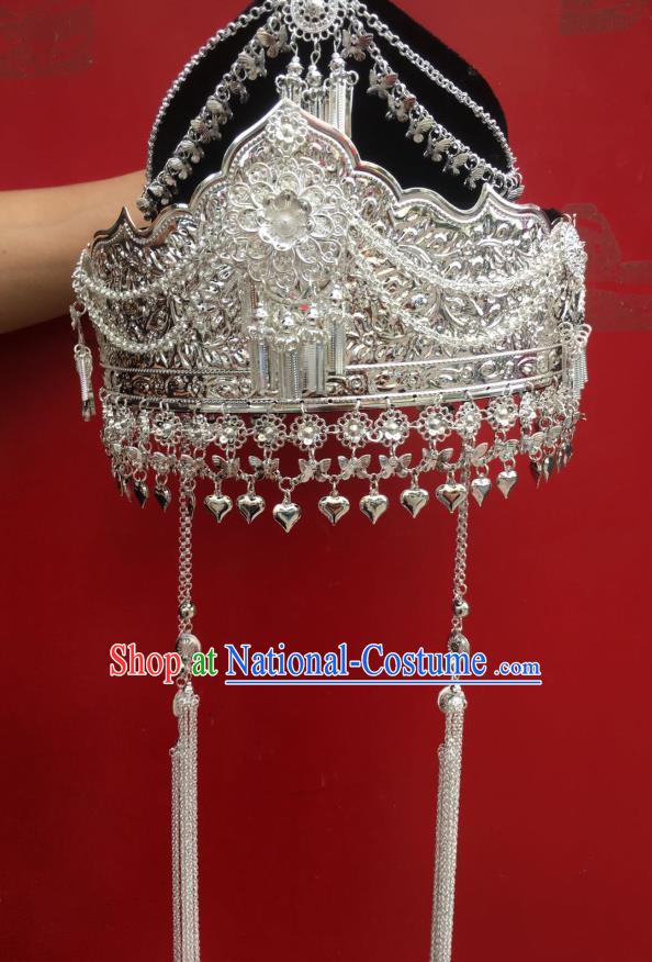 Chinese Miao Ethnic Wedding Silver Hat Minority Traditional Nationality Headdress Folk Dance Hair Accessories