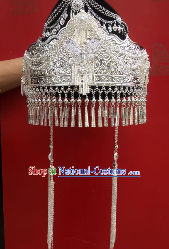 Chinese Traditional Minority Headwear Nationality Bride Headdress Miao Ethnic Wedding Argent Butterfly Hat