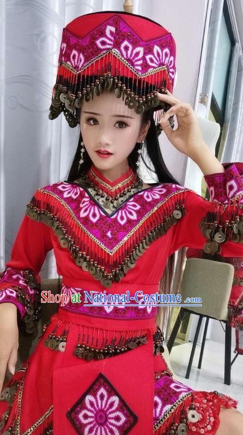 China Ethnic Photography Clothing Guizhou Miao Nationality Fashion Top Quality Folk Dance Red Dress with Hat