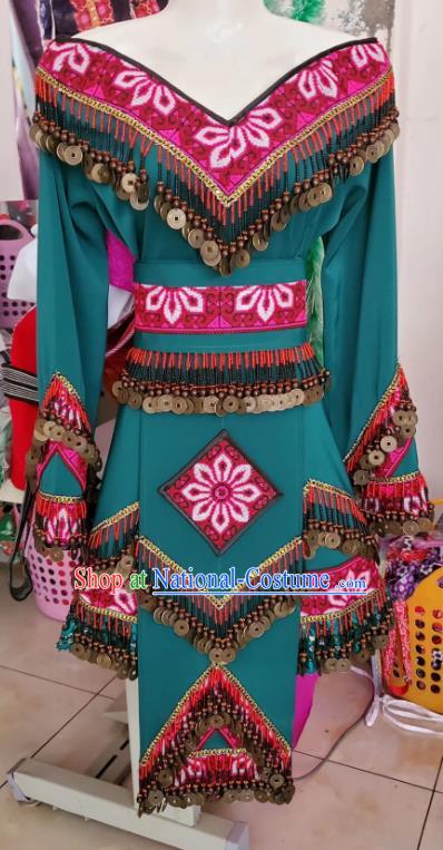 China Folk Dance Green Dress with Hat Guizhou Miao Nationality Fashion Top Quality Ethnic Photography Clothing