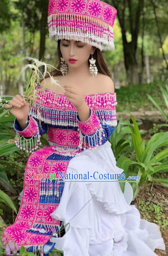 China Miao Ethnic Wedding Dress Embroidered Costumes Top Quality Miao Nationality Fashion Minority Bride Dress and Rosy Headwear