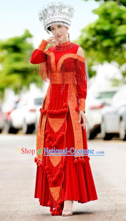 Top Quality China Miao Ethnic Women Red Dress Apparels Festival Celebration Wedding Clothing Guizhou Minority Folk Dance Costumes and Headpiece